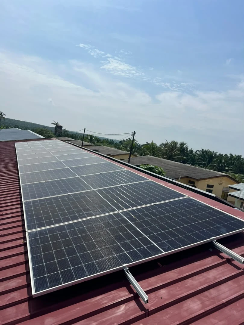 Rooftop solar panels at an off-grid installation in Pahang